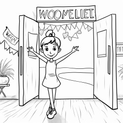 a dancer in a studio with a welcome back sign