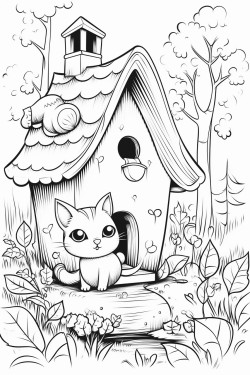 a little house in the forest with butterflies and a cat