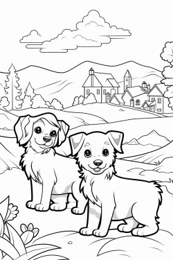 2 bengals and one cocker spaniel in a village between rolling hills and whispering trees