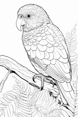 kakapo perched on a branch with its vibrant green feathers and fluffy body set against a backdrop of new zealand forest