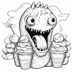 create a ice cream with two scoops with sharp teeth and arms and legs eating a kiwi with arms and legs