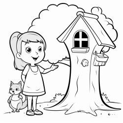 create a color sheet with a girl standing next to a tree with a birdhouse with a squirrel on it