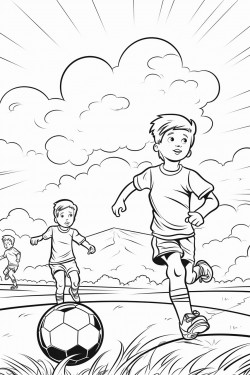soccer game scene with kids kicking a ball on a sunny field