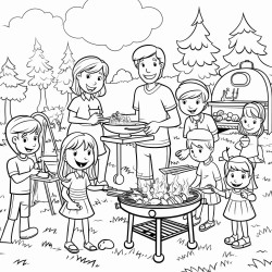 a big family party at the park with kids playing  cooking food on a grill