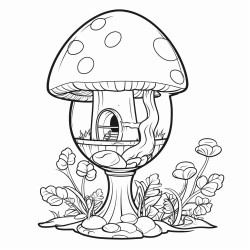 a fairy house in a long stemmed wine glass with mushroom around the base of the glass