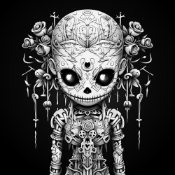 create a creepy voodoo doll with intricate mandala patterns inside of it for adult coloring book without grey shading and black background