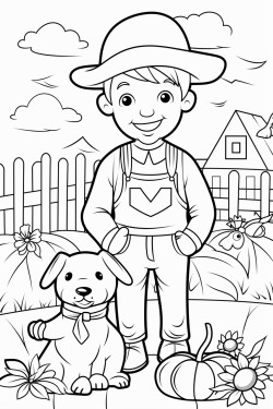 create a vibrant scene of a cheerful farm filled with various elements for kids to color the foreground features a friendly farmer wearing a straw hat smiling as they tend to a garden with colorful vegetables like carrots tomatoes and pumpkins nearby a playful puppy runs alongside a curious kitten