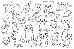 collection of playful cartoon cats in various dynamic poses each positioned separately and randomly across the canvas include additional elements such as paw prints fish bones and bows scattered around the cats colouring book line drawing white