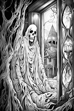 ghost looking out haunted house window