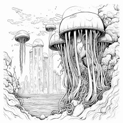 cosmic jellyfish exploring underwater ruins