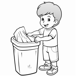 a 3 year old kid putting garbage in a trash can