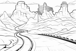 coloring page monster track with american flag on sides in the background of grand canyon