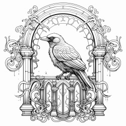a crow sitting on a gothic gate surrounded by swirling fog