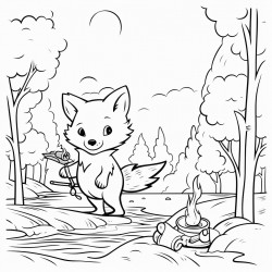 a fox in the forest holding a fire hose by a river