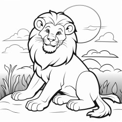 un lion majestueux assis sur une colline avec un coucher de soleil derrire lui
