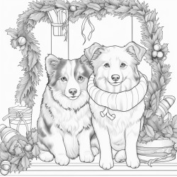 2 australian shepherds and 6 cats hanging out with a christmas theme