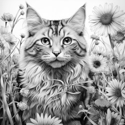 cat in field of sunflowers
