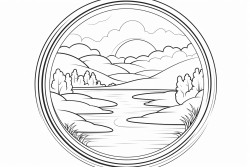 clean line art wide open round window with flowing river view