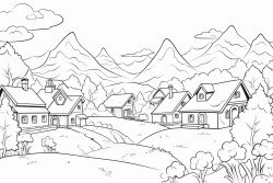 a landscape view of houses pump forest flower animals mountain sky