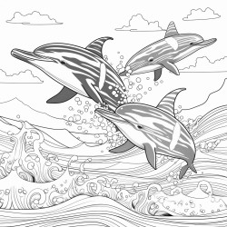 create a blackandwhite coloring page featuring playful dolphins swimming in the ocean the dolphins should have bold clear outlines with one jumping above the waves include details like swirling water patterns seaweed and small fish leaving ample space for easy coloring