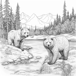 create a blackandwhite coloring page featuring bears by a river the bears should have bold clear outlines with one bear fishing or drinking water include simple details like trees rocks and the flowing river but leave large spaces for easy coloring