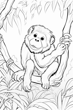 an orangutan hanging from a tree branch with long arms and a curious face surrounded by dense tropical leaves and vines