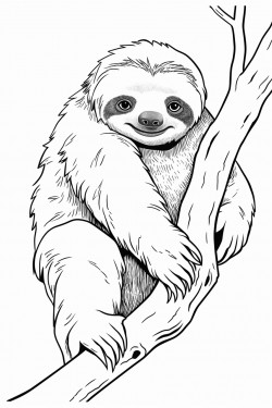 a relaxed sloth hanging from a branch