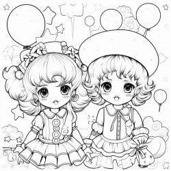 kawaii clowns with balloons and presents rainbows