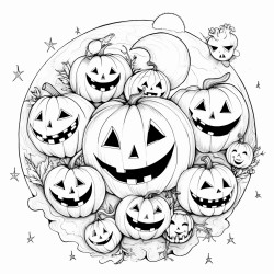 a group of smiling pumpkins with bats flying around a full moon