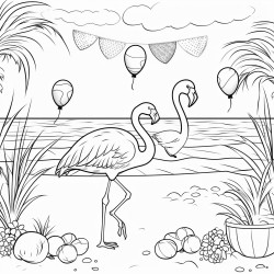 beach party with flamingo standing by and beach balls umberella
