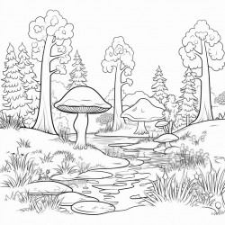 a forest landscape with mushrooms