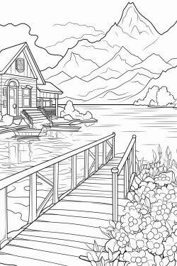 swiss countryside with a quaint stone house surrounded by flowers wooden dock extending into a lake