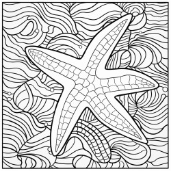 mosaic of starfish in front of seaweed 16 colors 100 curved segments bold black lines no details no grayscale no shadows coloring page