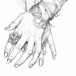 female hand with long fingernails and rings on fingers coloring book page black and white only no colors