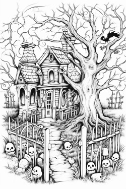 a jar with a haunted house spooky trees gravestones bats a crooked fence