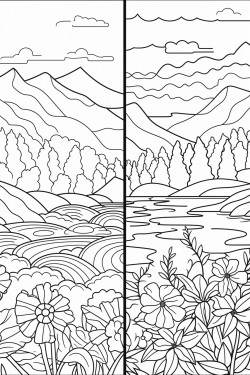 relaxing landscape coloring page black white and full color 2 version