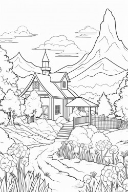 switzerland landscape with a quaint stone house surrounded by flowers and a cypress tree foxes in lavender fields