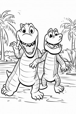 an alligator dancing with zebra in a simple coloring book style with low detail