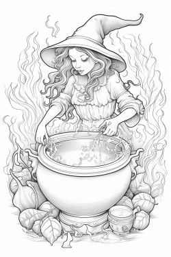 victorian style witch stirring a bubbling cauldron