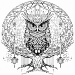a dark spiritual themed scene with the tree of life an owl and sacred geometry