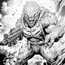 monster made of lava shooting a lava minigun