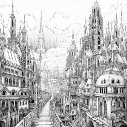 a gothic city with towering spires shadowy streets and dark intricate architecture