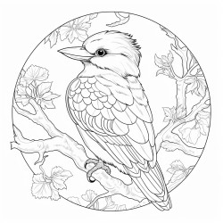 line art for adult coloring book of a kookaburra  on quest in ancient forest with echo laughing stone
