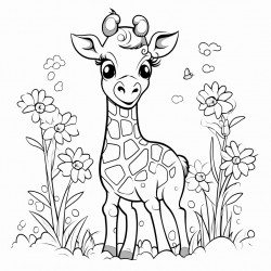 a giraffe in the forest with flowers