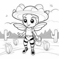 female superhero bee in a desert holding pick and rope oasis in background