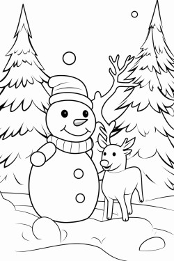 christmas snowman with deer in the christmas forest