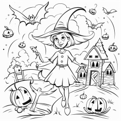 can you please create a colouring in with a witch and bats at the airport