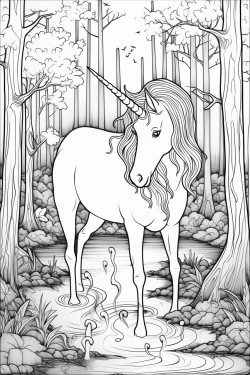 unicorn drinking from a stream in a forest