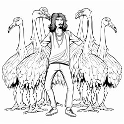 a young man with long hair surrounded by dancing ostriches