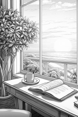 a desk with an open laptop a coffee cup books and a potted plant the window shows a sunset